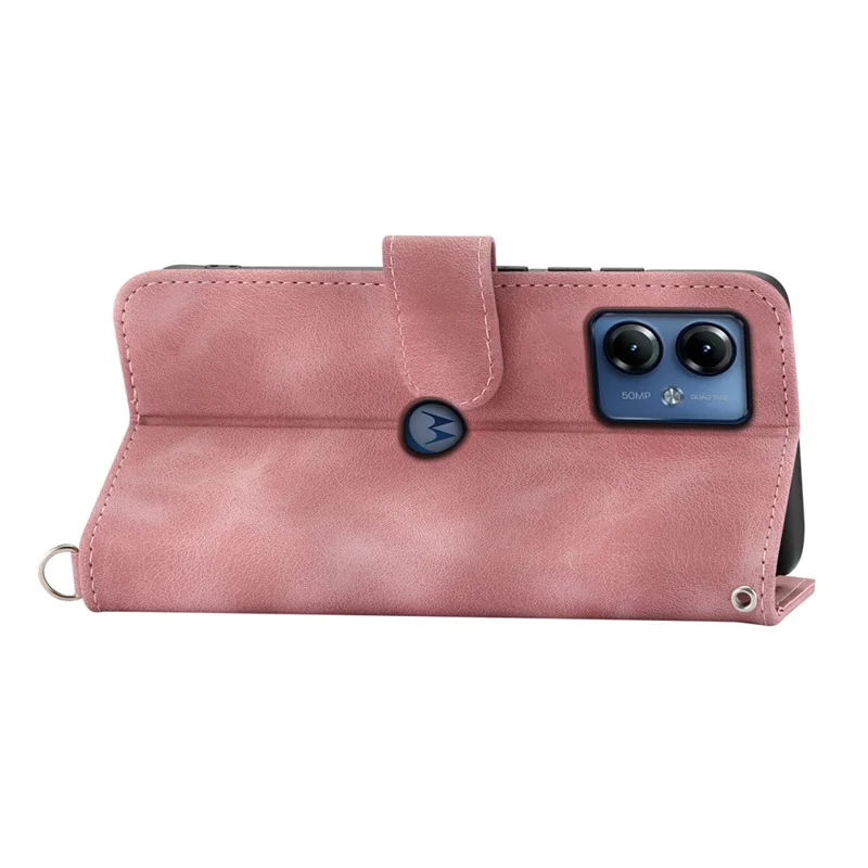 Для Motorola Moto G14 4G PU Leather Imprinted Stand Wallet Phone Case Cover с ремешком на запястье + ремешок на плечо - Розовый