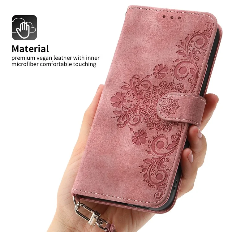 Для Motorola Moto G14 4G PU Leather Imprinted Stand Wallet Phone Case Cover с ремешком на запястье + ремешок на плечо - Розовый