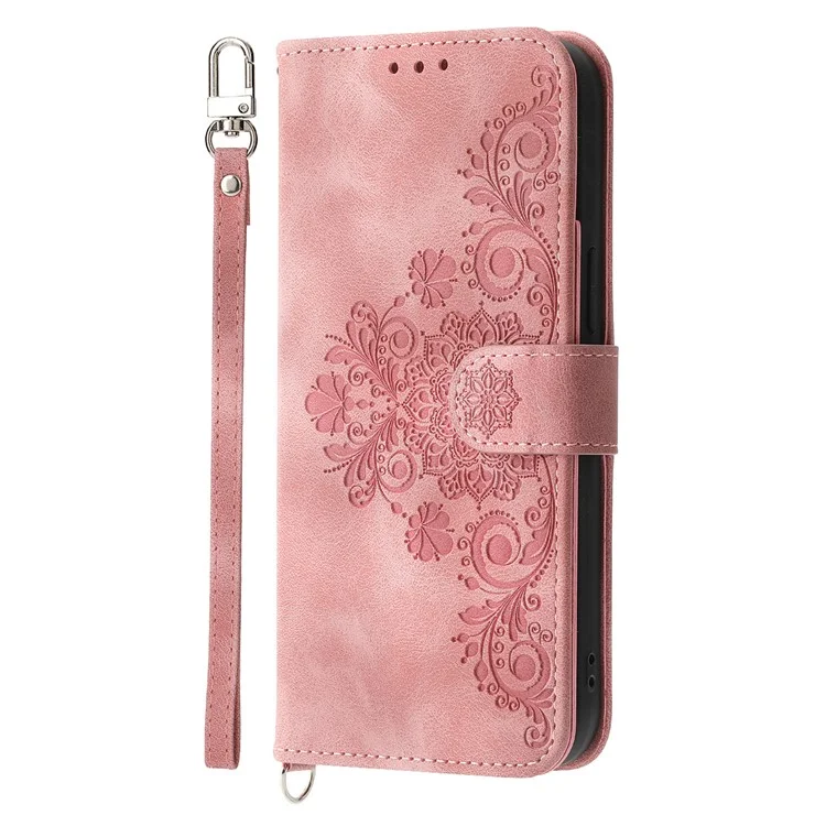 Для Motorola Moto G14 4G PU Leather Imprinted Stand Wallet Phone Case Cover с ремешком на запястье + ремешок на плечо - Розовый