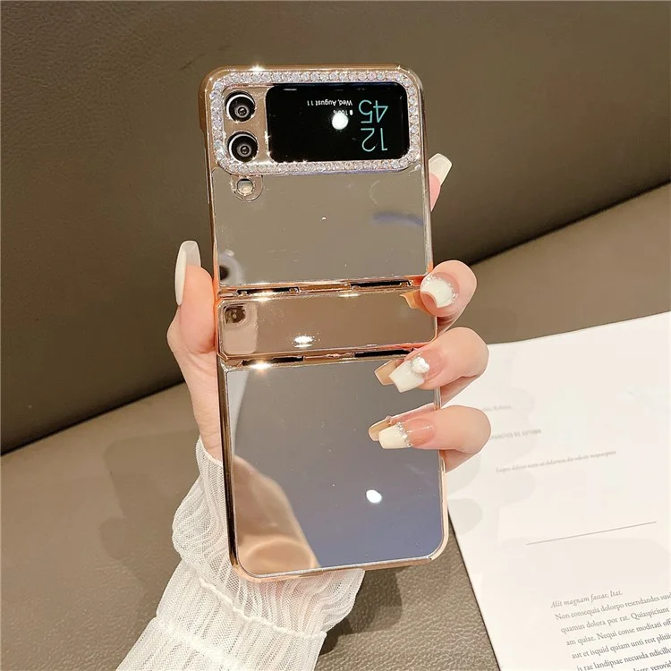 Per Samsung Galaxy Z Flip3 5G Hard PC Case Mirror Surface Shockproof Phone Cover con cornice a lente decorata con strass