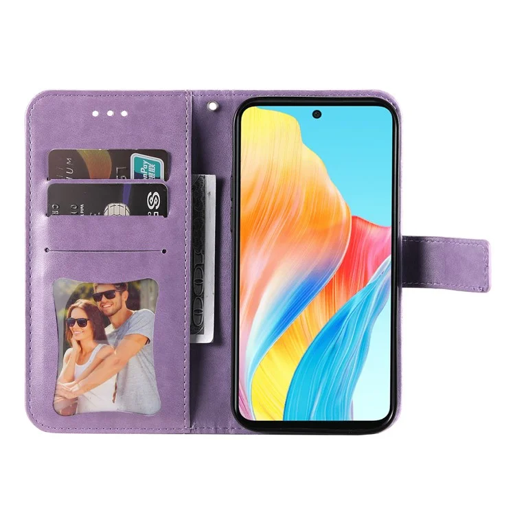 Custodia portafoglio in pelle PU con motivo a fiori in rilievo per Oppo A58 4G, anti-graffio - Viola