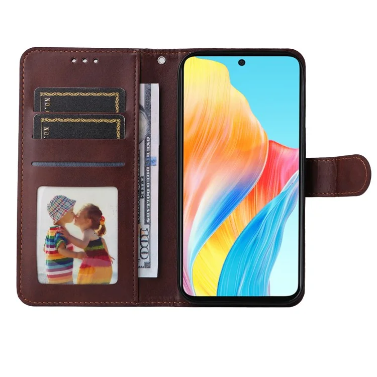 Для Oppo A58 4G Wallet Stand PU Leather Cell Phone Case Calf Texture Full Protection Phone Cover - Brown