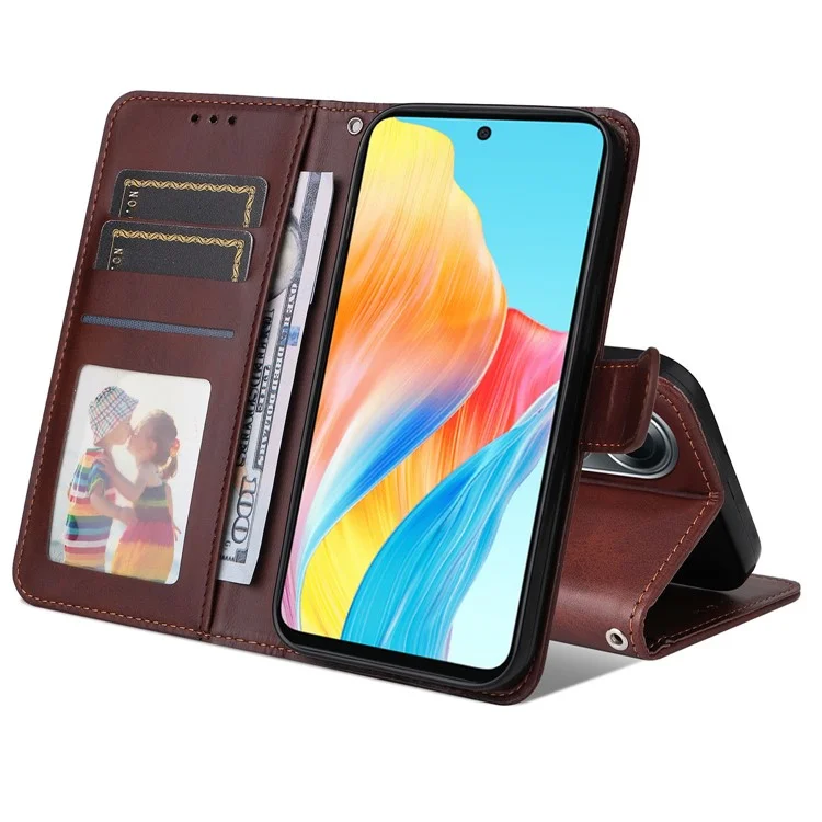 Для Oppo A58 4G Wallet Stand PU Leather Cell Phone Case Calf Texture Full Protection Phone Cover - Brown