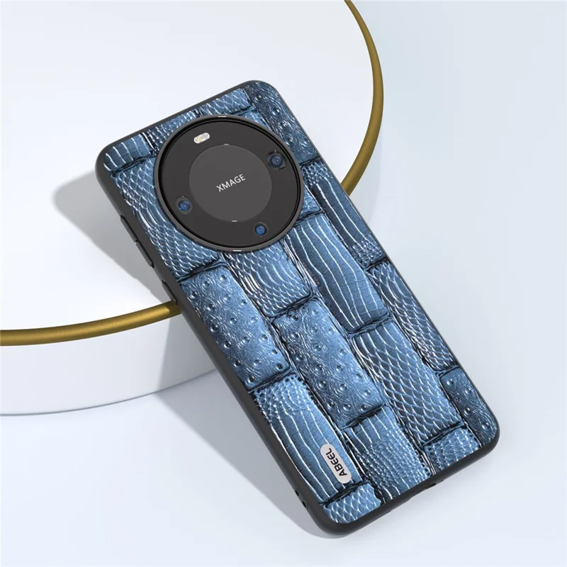 ABEEL Per Huawei Mate 60 Mahjong Texture Anti-Scratch Case Genuine Cow Leather+PC+TPU Custodia per telefono - Blu