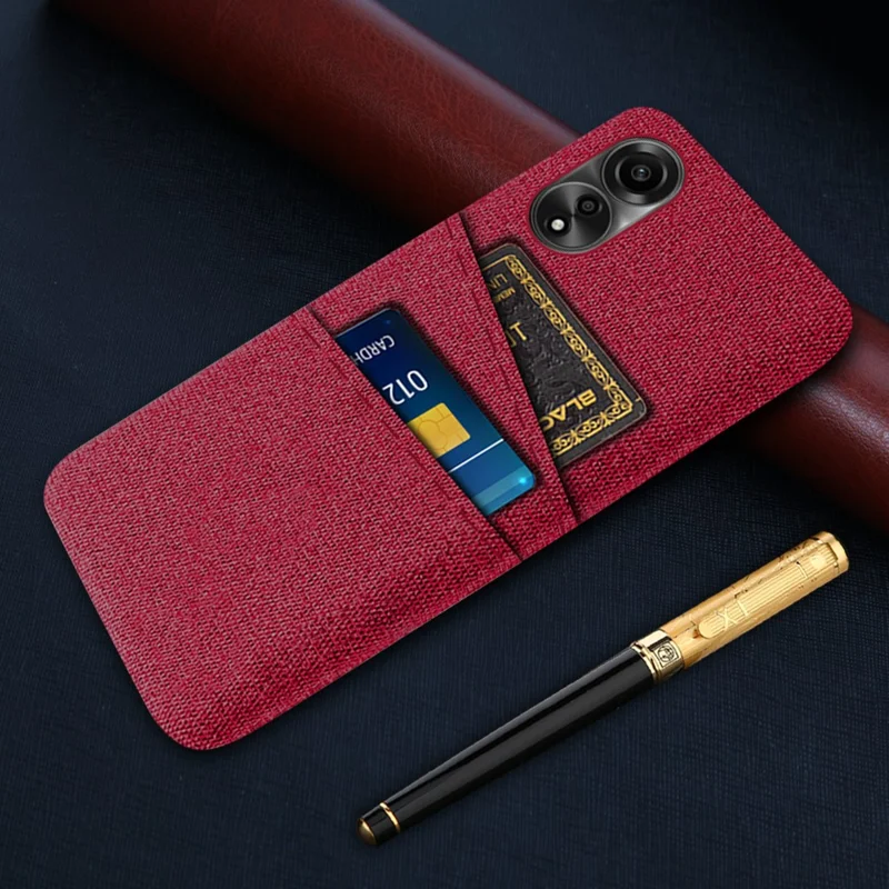 For Oppo A78 4G Anti-Scratch Phone Case Dual Card Slots Hard PC+Cloth Phone Shell Cover - Red