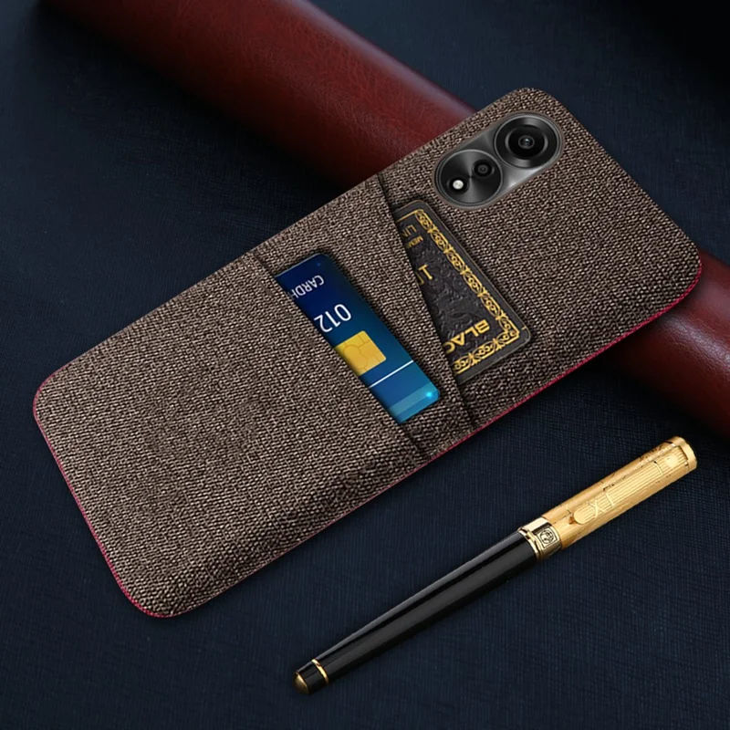 Para Oppo A78 4G Anti-Scratch Phone Case Dual Card Slots Hard PC+Cloth Phone Shell Cover - Marrom