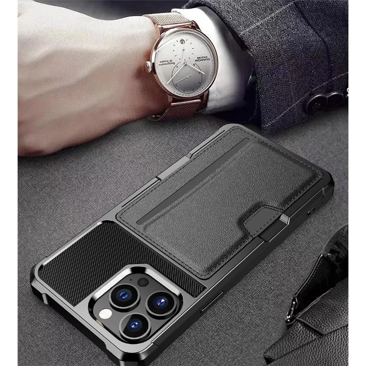 For iPhone 15 Pro ZM02 Four Corners Anti-drop PU Leather Coated TPU Card Holder Back Case Phone Shell