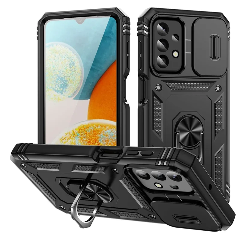 For Samsung Galaxy A23 4G / 5G (Global Version) PC+TPU Kickstand Case Phone Shell with Sliding Camera Cover - Black