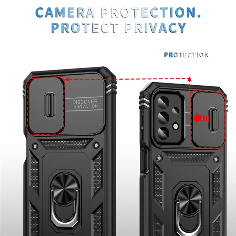 For Samsung Galaxy A23 4G / 5G (Global Version) PC+TPU Kickstand Case Phone Shell with Sliding Camera Cover - Black