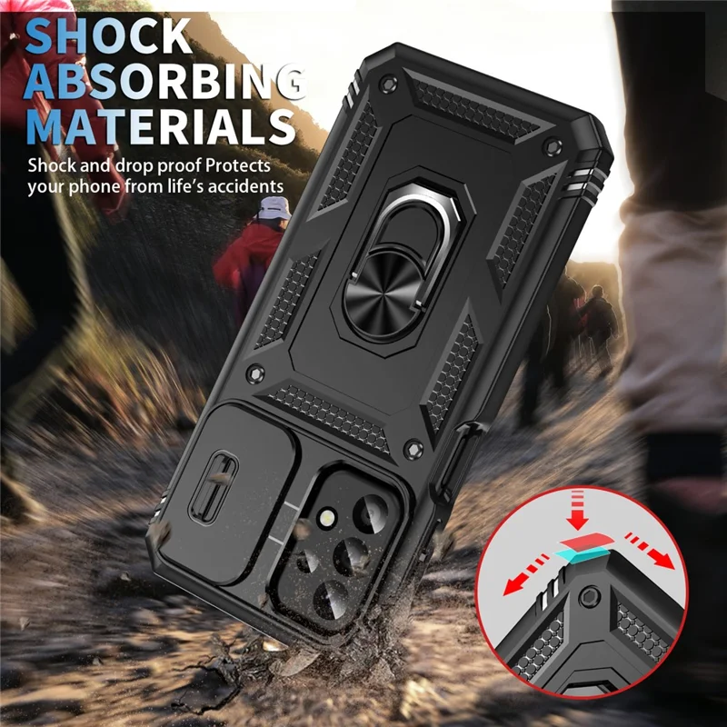 For Samsung Galaxy A23 4G / 5G (Global Version) PC+TPU Kickstand Case Phone Shell with Sliding Camera Cover - Black