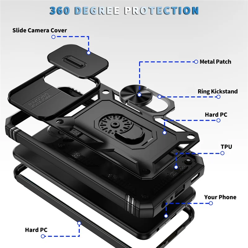 For Samsung Galaxy A23 4G / 5G (Global Version) PC+TPU Kickstand Case Phone Shell with Sliding Camera Cover - Black