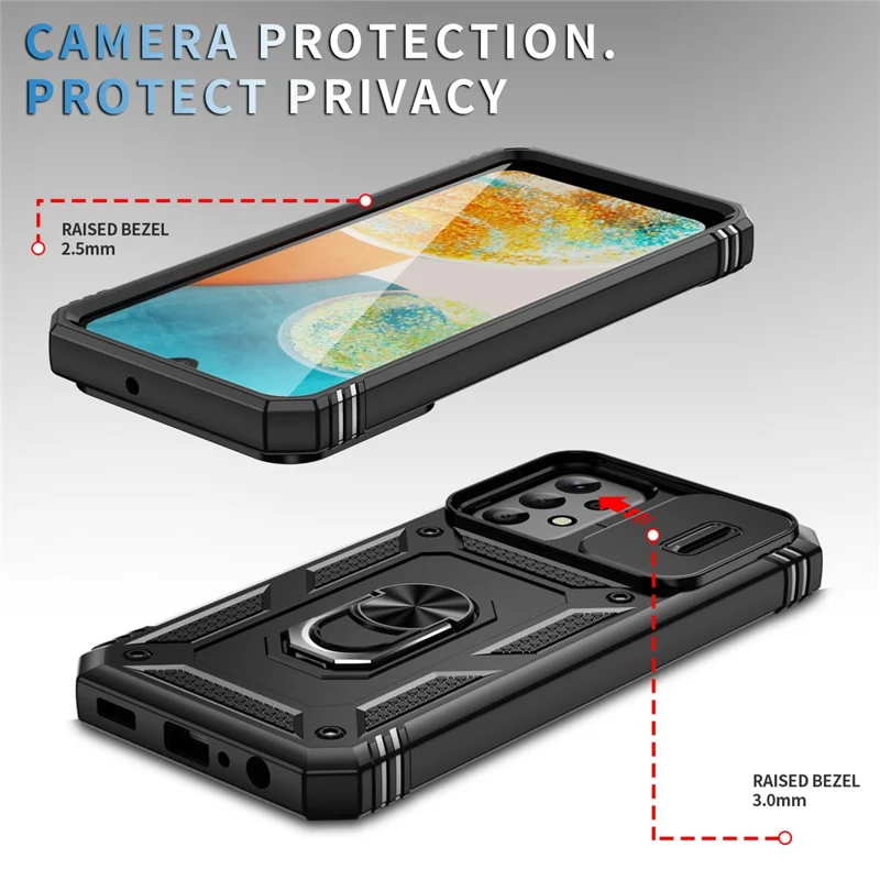 For Samsung Galaxy A23 4G / 5G (Global Version) PC+TPU Kickstand Case Phone Shell with Sliding Camera Cover - Black
