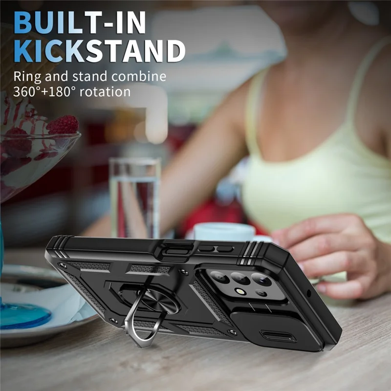 For Samsung Galaxy A23 4G / 5G (Global Version) PC+TPU Kickstand Case Phone Shell with Sliding Camera Cover - Black