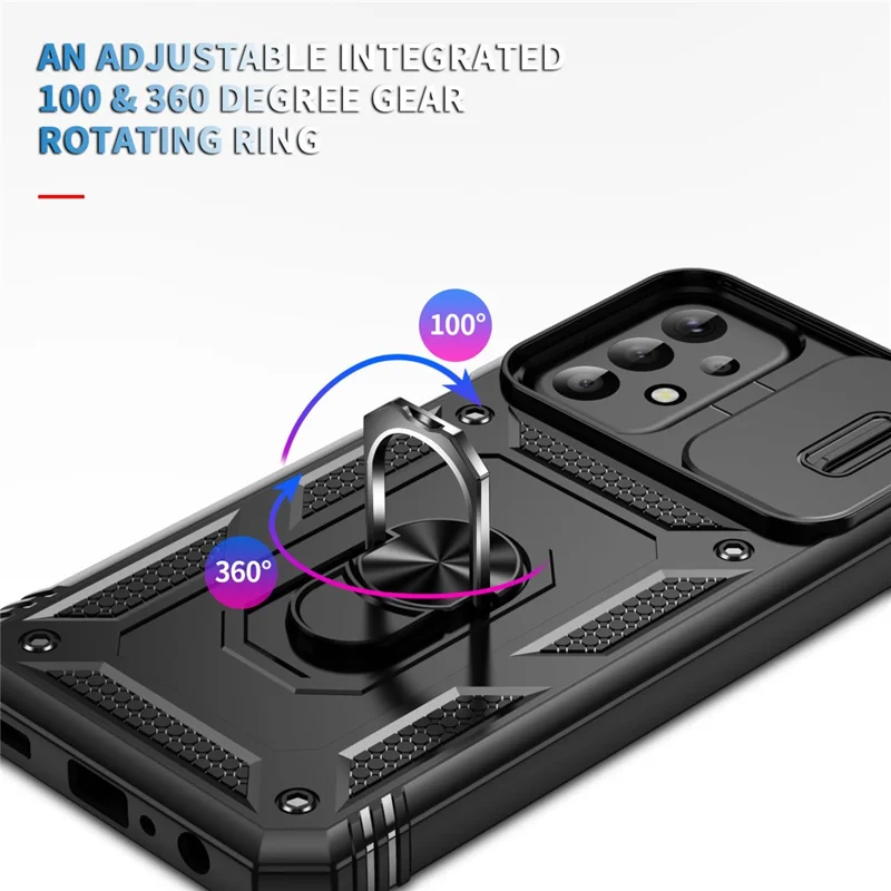 For Samsung Galaxy A23 4G / 5G (Global Version) PC+TPU Kickstand Case Phone Shell with Sliding Camera Cover - Black