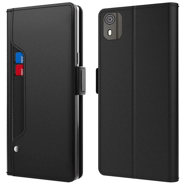 Para Nokia C02 Slot de Cartão Antirrisco Shell Stand Phone Case Mirror PU Leather Cover - Preto