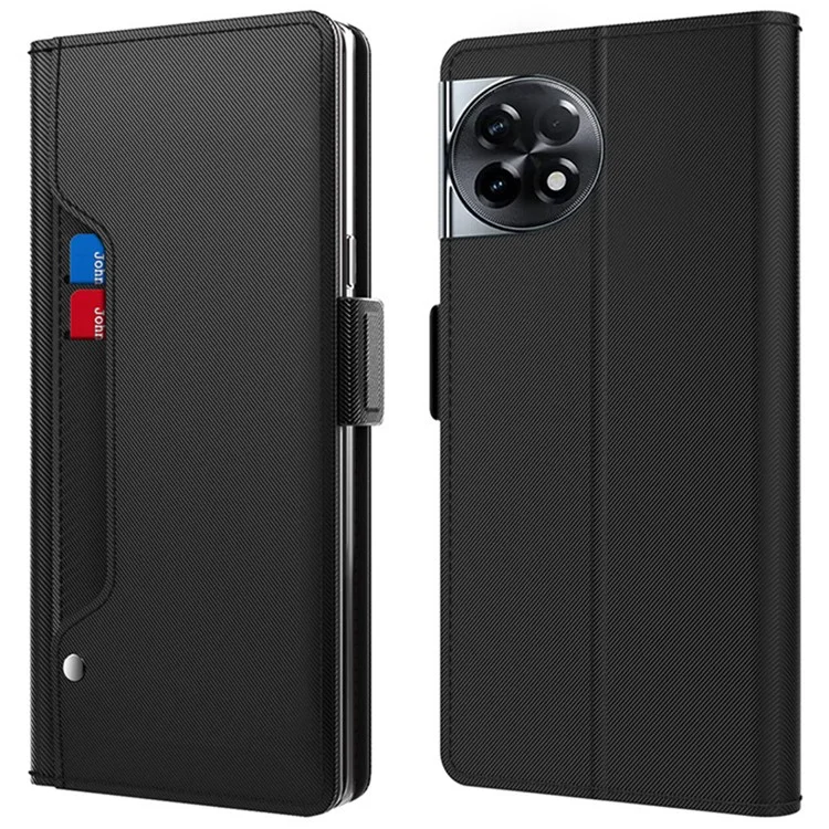 For OnePlus Ace 2 5G / 11R 5G Dustproof Shell Card Slot and Mirror PU Leather Cover Stand Phone Case - Black