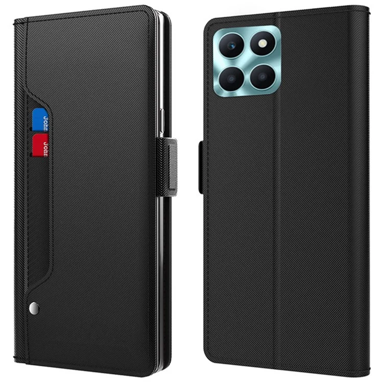 For Honor X6a 4G Phone Case Card Slot and Mirror PU Leather Cover Anti-Scratch Stand Shell - Black