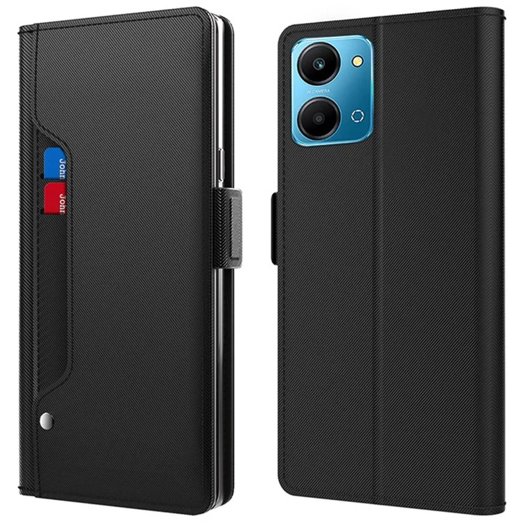 Custodia per telefono con specchio in pelle PU integrato per Honor Play7T 5G, slot per schede e supporto - Nero
