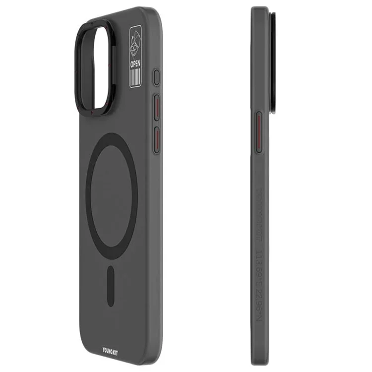 YOUNGKIT PC + TPU Phone Case for iPhone 15 Pro Kickstand Matte Anti-fingerprint Cover Compatible with MagSafe - Grey