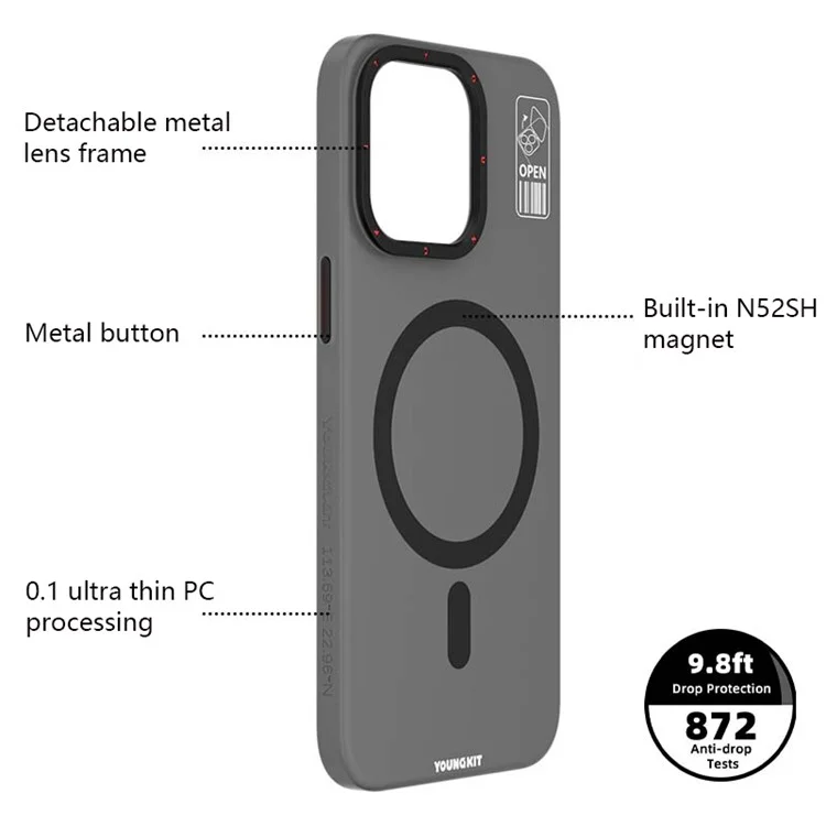 YOUNGKIT PC + TPU Phone Case for iPhone 15 Pro Kickstand Matte Anti-fingerprint Cover Compatible with MagSafe - Grey