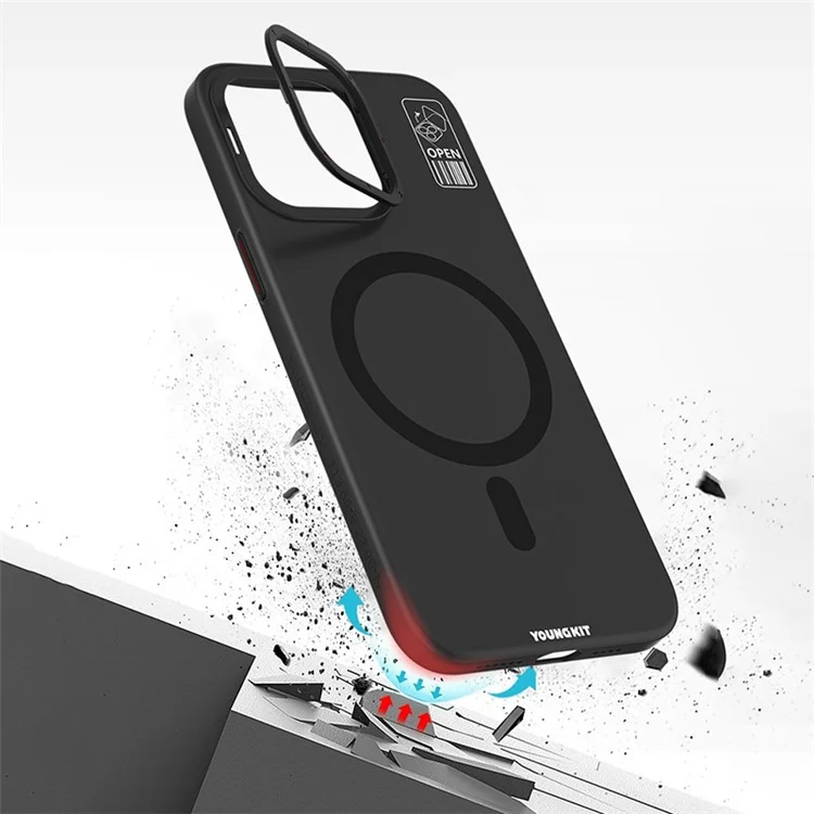 YOUNGKIT PC + TPU Phone Case for iPhone 15 Pro Kickstand Matte Anti-fingerprint Cover Compatible with MagSafe - Grey