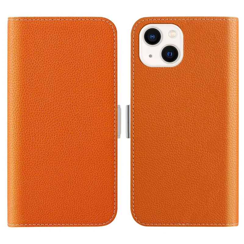 For iPhone 15 Fully Wrapped Phone Case Stand Wallet Litchi Texture Candy Color PU Leather Cover - Orange