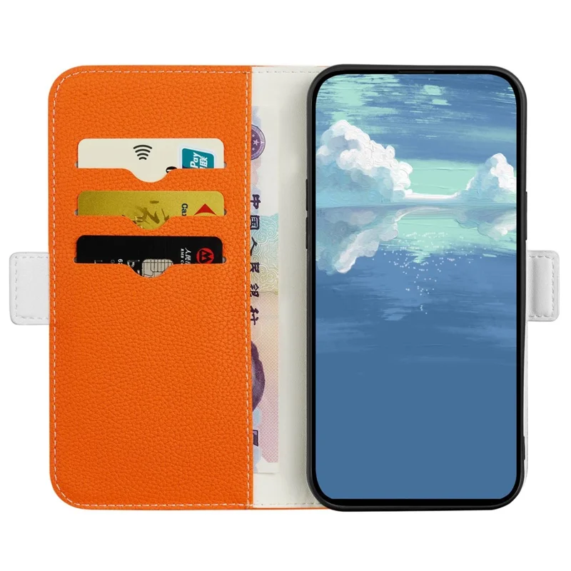 For iPhone 15 Fully Wrapped Phone Case Stand Wallet Litchi Texture Candy Color PU Leather Cover - Orange