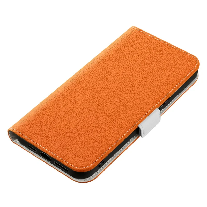 For iPhone 15 Fully Wrapped Phone Case Stand Wallet Litchi Texture Candy Color PU Leather Cover - Orange