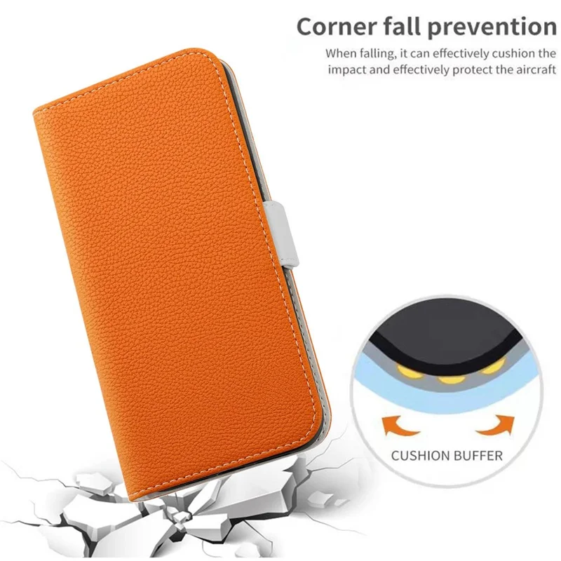 For iPhone 15 Fully Wrapped Phone Case Stand Wallet Litchi Texture Candy Color PU Leather Cover - Orange