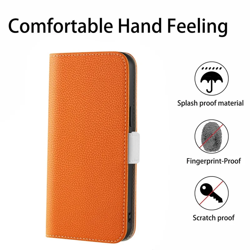 For iPhone 15 Fully Wrapped Phone Case Stand Wallet Litchi Texture Candy Color PU Leather Cover - Orange