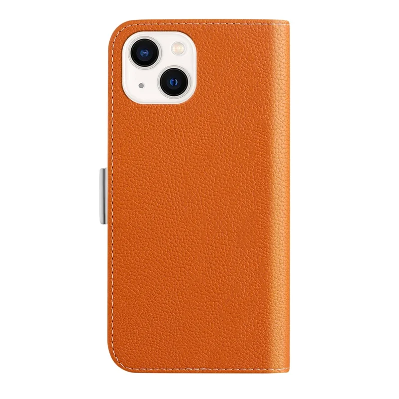 For iPhone 15 Fully Wrapped Phone Case Stand Wallet Litchi Texture Candy Color PU Leather Cover - Orange