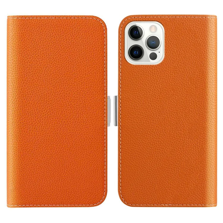 Phone Case for iPhone 15 Pro Max , Stand Wallet Litchi Texture Candy Color PU Leather Shockproof Cover - Orange