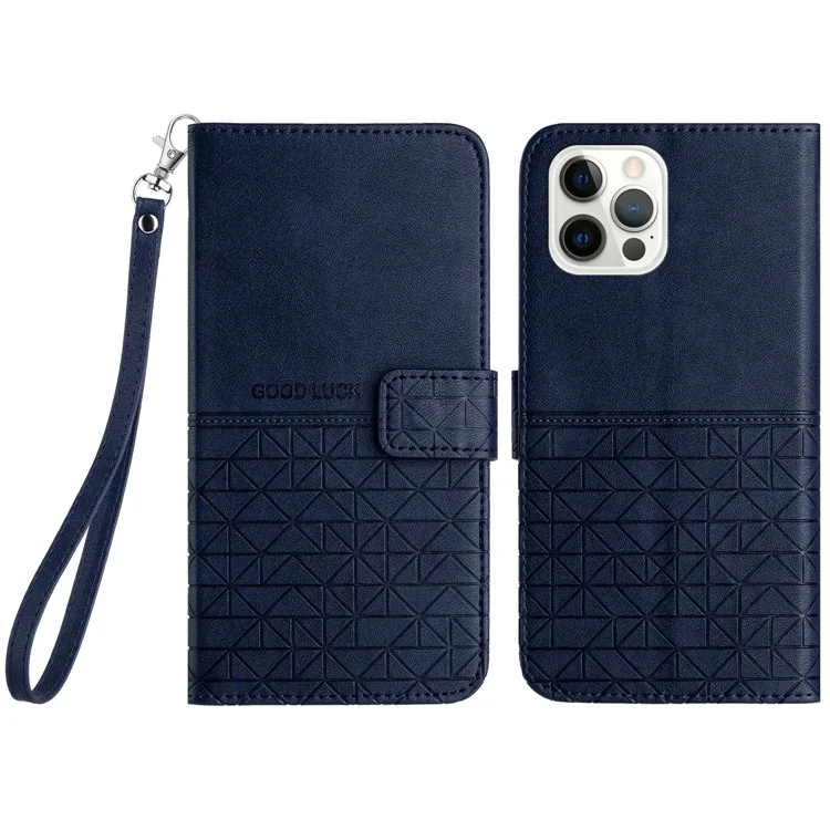 Per iPhone 14 Pro Max Geometric Imprinted Solid Color Microfiber Leather Phone Cover Full Protection Stand Wallet Case - Blu