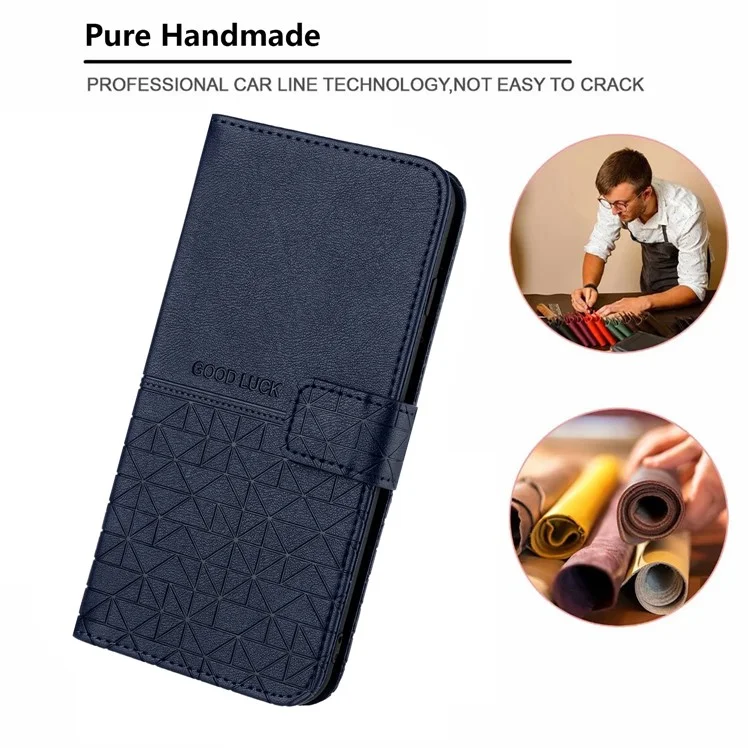 Per iPhone 14 Pro Max Geometric Imprinted Solid Color Microfiber Leather Phone Cover Full Protection Stand Wallet Case - Blu