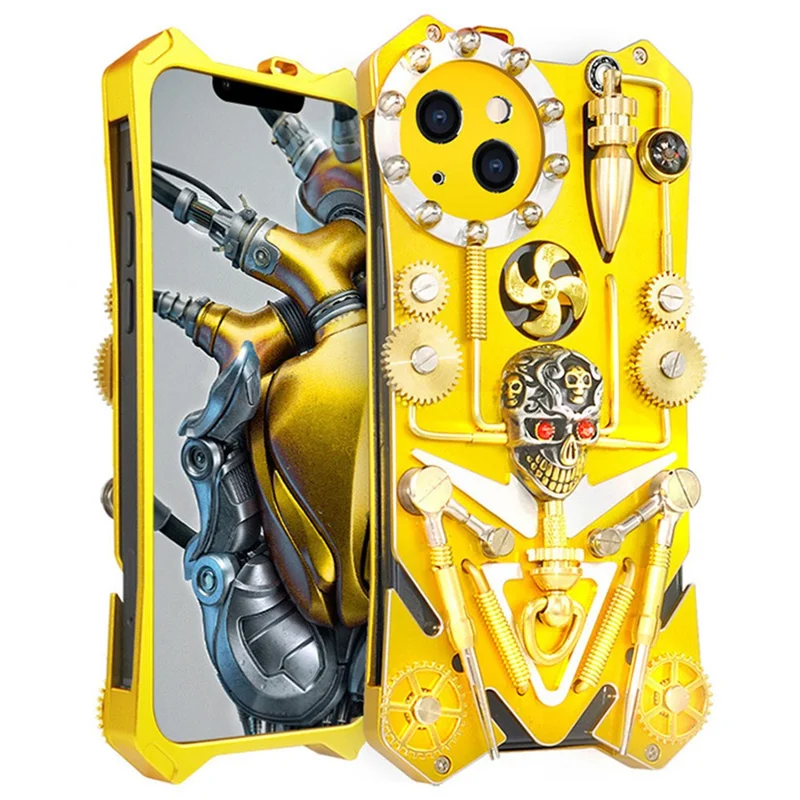 For iPhone 15 Shockproof Metal Shell Gear Kickstand Skull Compass Phone Cover - Gold