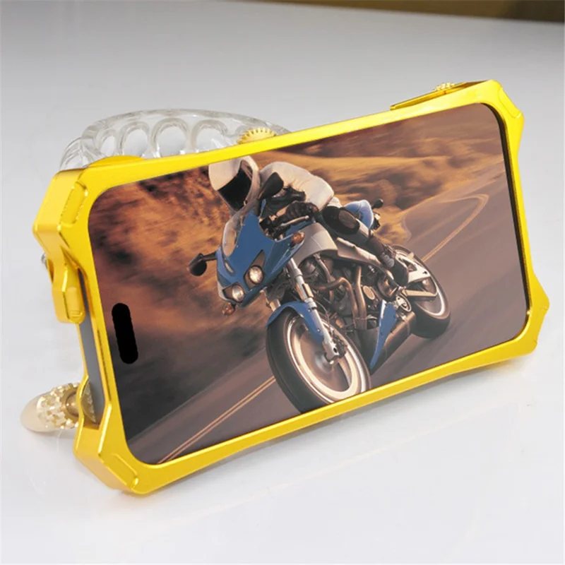 For iPhone 15 Shockproof Metal Shell Gear Kickstand Skull Compass Phone Cover - Gold