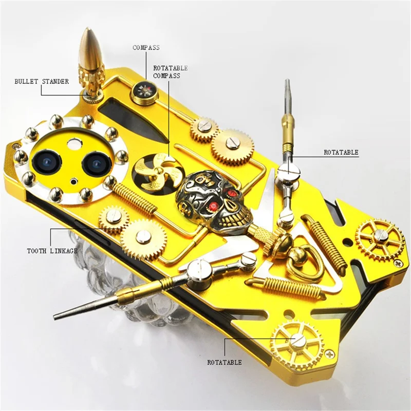 For iPhone 15 Shockproof Metal Shell Gear Kickstand Skull Compass Phone Cover - Gold