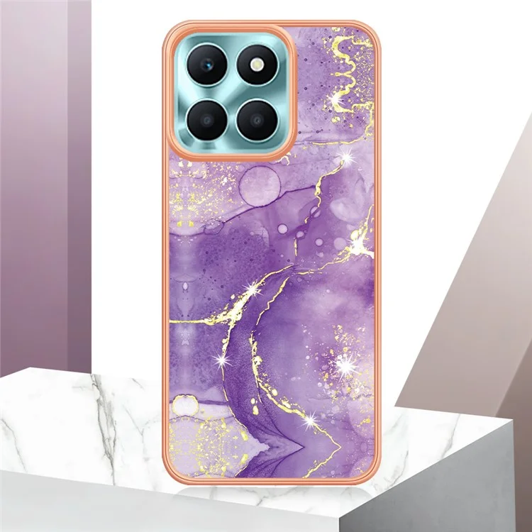 For Honor X6a 4G TPU Case with IMD Marble Pattern Electroplated Back Cover - Purple 002