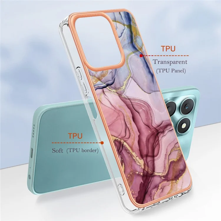 YB IMD Series-16 Style-E for Honor X6a 4G Electroplating Phone Case IMD Marble Pattern 2.0mm TPU Cover - Rose Gold