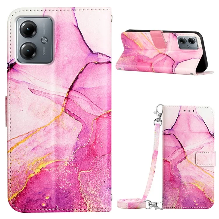 YB Pattern Printing Leather Series-6 Para Motorola Moto G14 4G Capa de Telefone Padrão de Mármore Carteira Stand Case - Pink+Purple+Gold LS001