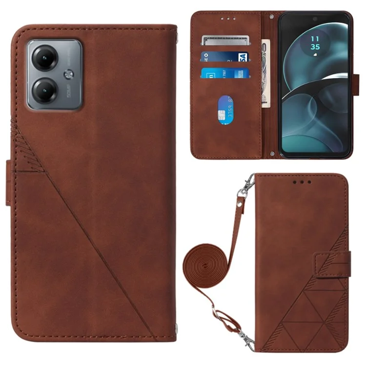 YB Imprinting Series-2 para Motorola Moto G14 4G Funda Cartera con Soporte Flip Case Cuero Impreso Funda para Teléfono con Correa de Hombro - Marrón