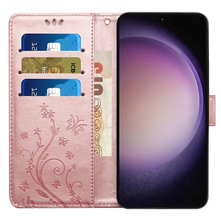 Per Samsung Galaxy S23 FE Butterfly Imprint Leather Wallet Shell Anti-fall Stand Phone Case - Rose Gold