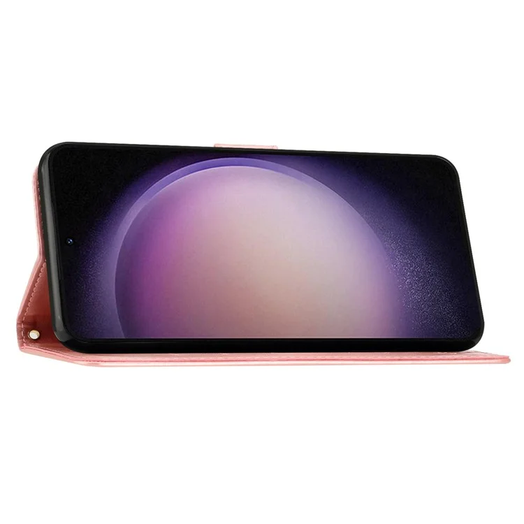 Per Samsung Galaxy S23 FE Butterfly Imprint Leather Wallet Shell Anti-fall Stand Phone Case - Rose Gold