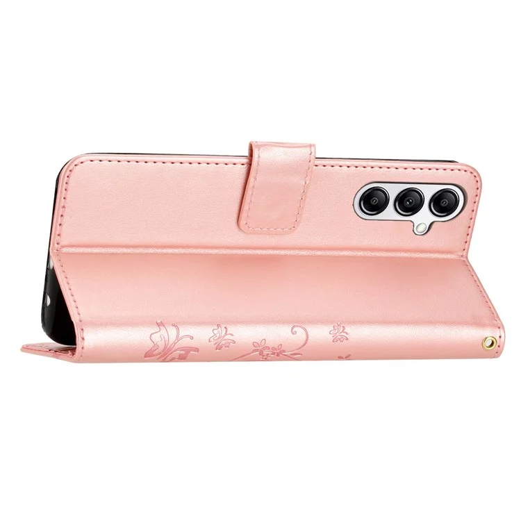Per Samsung Galaxy S23 FE Butterfly Imprint Leather Wallet Shell Anti-fall Stand Phone Case - Rose Gold