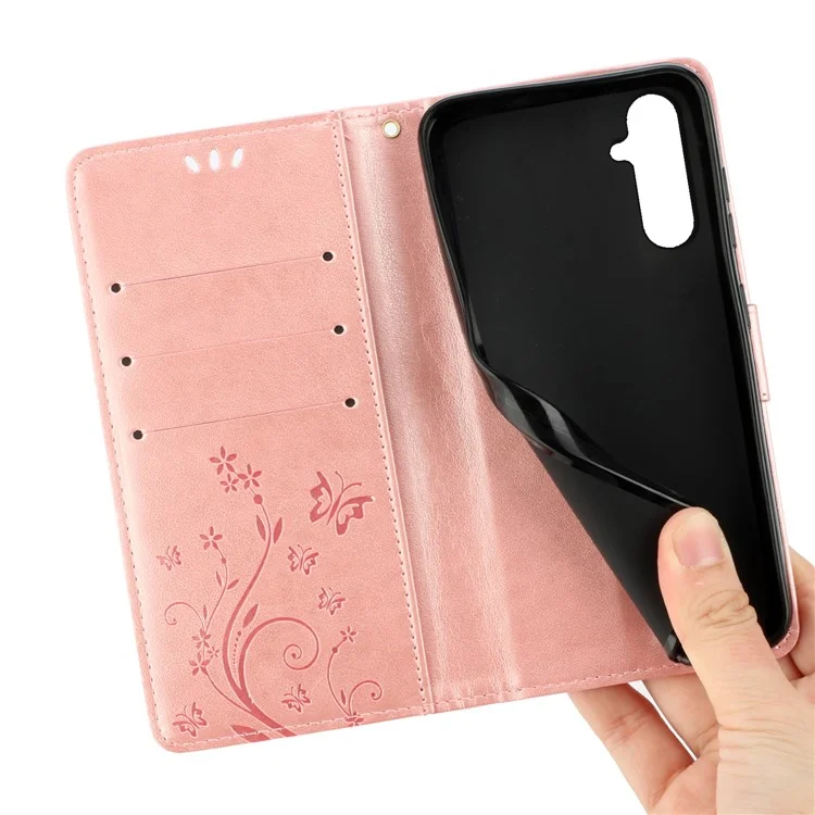Per Samsung Galaxy S23 FE Butterfly Imprint Leather Wallet Shell Anti-fall Stand Phone Case - Rose Gold