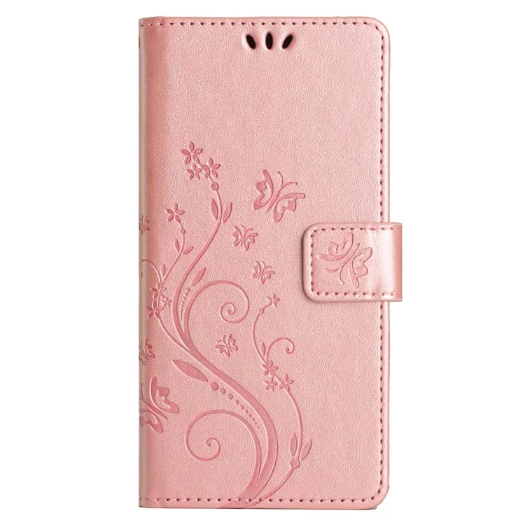 Per Samsung Galaxy S23 FE Butterfly Imprint Leather Wallet Shell Anti-fall Stand Phone Case - Rose Gold