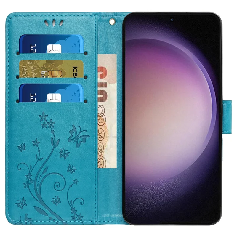 For Samsung Galaxy S23 FE Butterfly Imprint Leather Wallet Shell Anti-fall Stand Phone Case - Blue