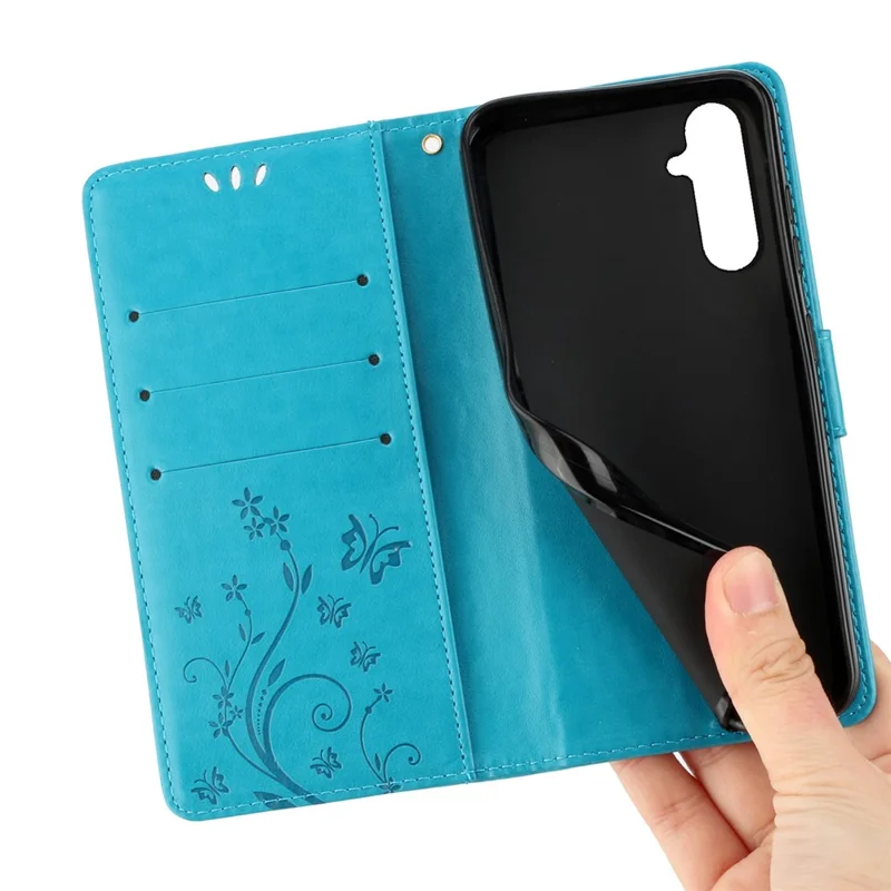For Samsung Galaxy S23 FE Butterfly Imprint Leather Wallet Shell Anti-fall Stand Phone Case - Blue