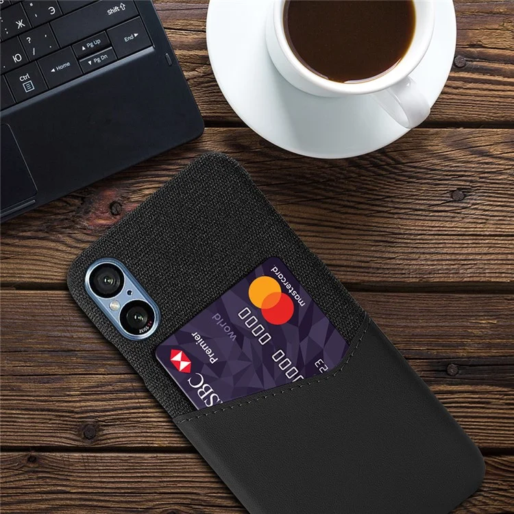 For Sony Xperia 5 V Mobile Phone Cover Card Holder Phone Case Cloth+PU+PC Protective Shell - Black