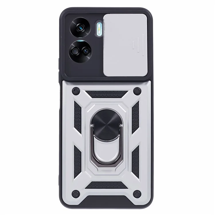 Para Honor 90 Lite 5G Funda de teléfono con protección de lente deslizante PC+TPU Soporte tipo anillo - Plata 